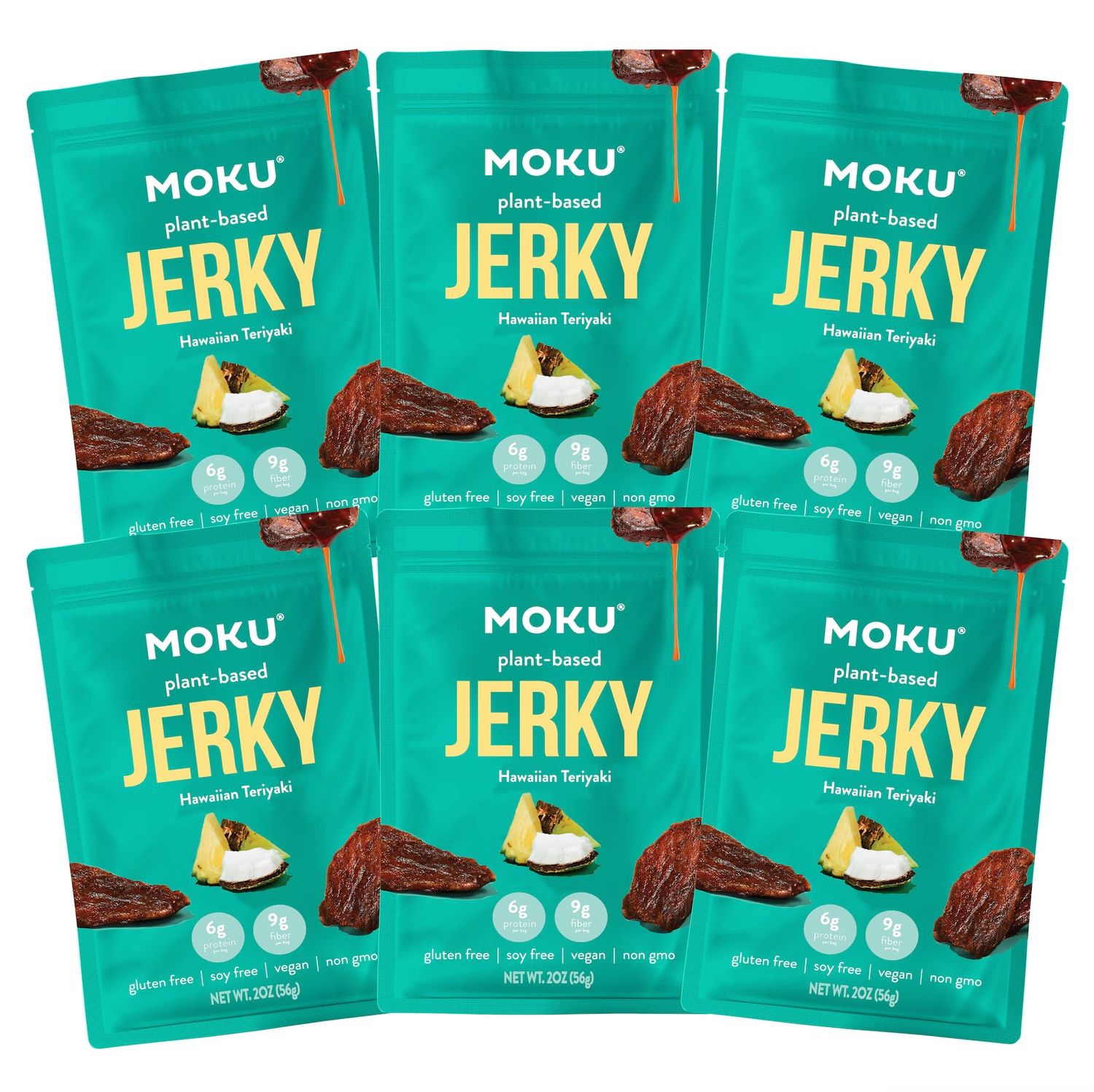 Moku Plant-Based Mushroom Jerky, Hawaiian Teriyaki (6 Pack) Vegan Jerky, Gluten Free, Soy-Free, Non-Gmo Vegan Snacks, Vegan Meat No Artificial Sweetener Vegan Food, 2.0 Oz Ea