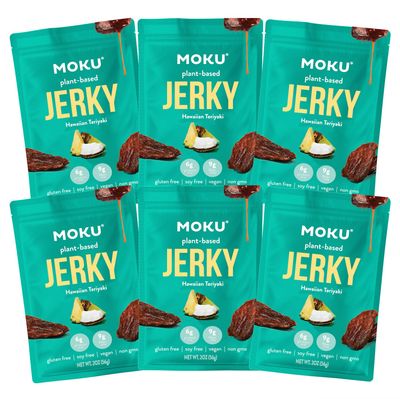 Moku Plant-Based Mushroom Jerky, Hawaiian Teriyaki (6 Pack) Vegan Jerky, Gluten Free, Soy-Free, Non-Gmo Vegan Snacks, Vegan Meat No Artificial Sweetener Vegan Food, 2.0 Oz Ea
