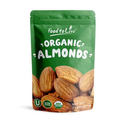 Food to Live - Organic Almonds, 2 Pounds Non-GMO, Whole, Raw, No Shell, Unpasteurized, Unsalted, Vegan, Kosher, Bulk. Keto Snack. Good Source of Vitamin E, Protein.