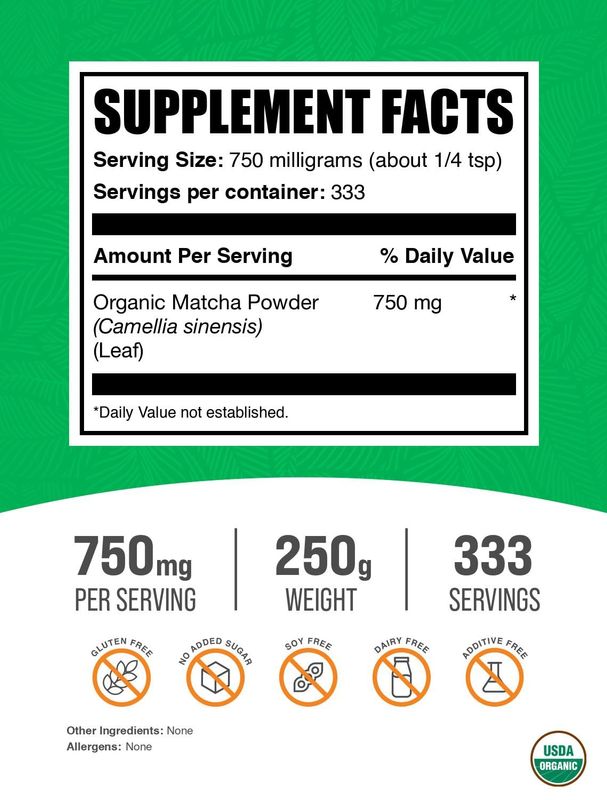 BulkSupplements.com Organic Matcha Powder - Matcha Powder for Latte, Culinary Grade Matcha - Organic &amp; Gluten Free, 750mg per Serving, 250g (8.8 oz) (Pack of 1)