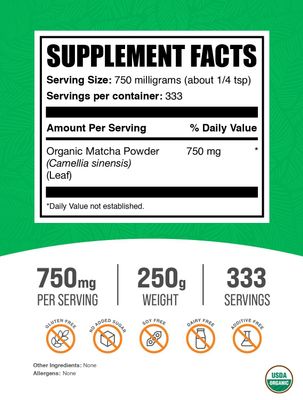 BulkSupplements.com Organic Matcha Powder - Matcha Powder for Latte, Culinary Grade Matcha - Organic & Gluten Free, 750mg per Serving, 250g (8.8 oz) (Pack of 1)