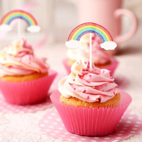 Large Rainbow Cupcake Toppers Cake Decoration Crystal Glitter Colorful Dessert Cake Birthday Cake Insert Decorative for Birthday Party Supplies 30Pcs/Pack