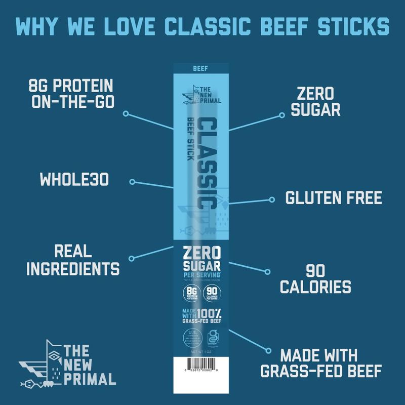 The New Primal Grass Fed Beef Sticks, Keto, Gluten Free Healthy Snacks for Adults, Sugar Free Low Carb High Protein Snack, Paleo Whole30 Jerky Meat Stick, 8g Protein, 5 Pack