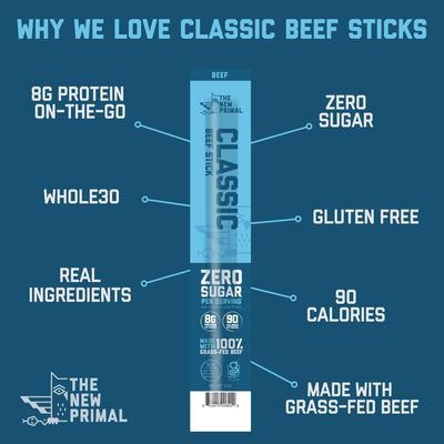 The New Primal Grass Fed Beef Sticks, Keto, Gluten Free Healthy Snacks for Adults, Sugar Free Low Carb High Protein Snack, Paleo Whole30 Jerky Meat Stick, 8g Protein, 5 Pack