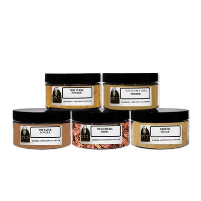 Thai Spices Gift Set - Contains: 5 Assorted Plastic Jars 1 each of: Thai Curry, Powder Ground Ginger, Soy Sauce Powder, Singapore Curry Powder (Japanese), Thai Short X-Hot Chilies)