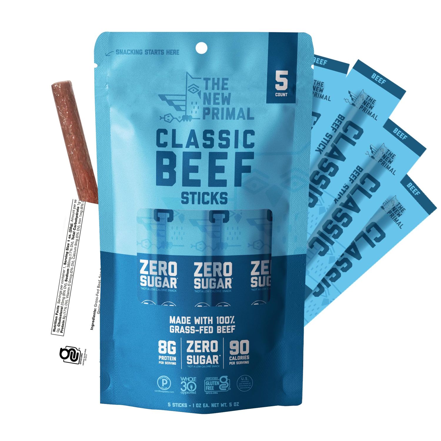 The New Primal Grass Fed Beef Sticks, Keto, Gluten Free Healthy Snacks for Adults, Sugar Free Low Carb High Protein Snack, Paleo Whole30 Jerky Meat Stick, 8g Protein, 5 Pack