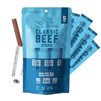 The New Primal Grass Fed Beef Sticks, Keto, Gluten Free Healthy Snacks for Adults, Sugar Free Low Carb High Protein Snack, Paleo Whole30 Jerky Meat Stick, 8g Protein, 5 Pack
