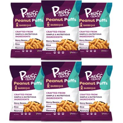 Pnuff Crunch Peanut Butter Puffs - Healthy Snacks, Low Calorie Snacks, Gluten Free Snacks, Vegan, High Protein, Keto, Office Snacks, Low Sugar, as Seen on Shark Tank - Barbeque, 4 Oz Bag (Pack of 6)