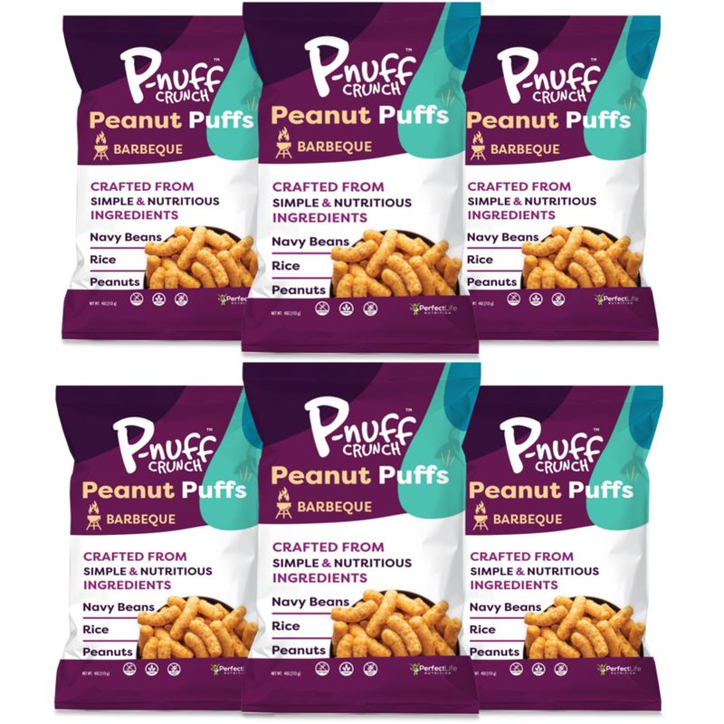 Pnuff Crunch Peanut Butter Puffs - Healthy Snacks, Low Calorie Snacks, Gluten Free Snacks, Vegan, High Protein, Keto, Office Snacks, Low Sugar, as Seen on Shark Tank - Barbeque, 4 Oz Bag (Pack of 6)