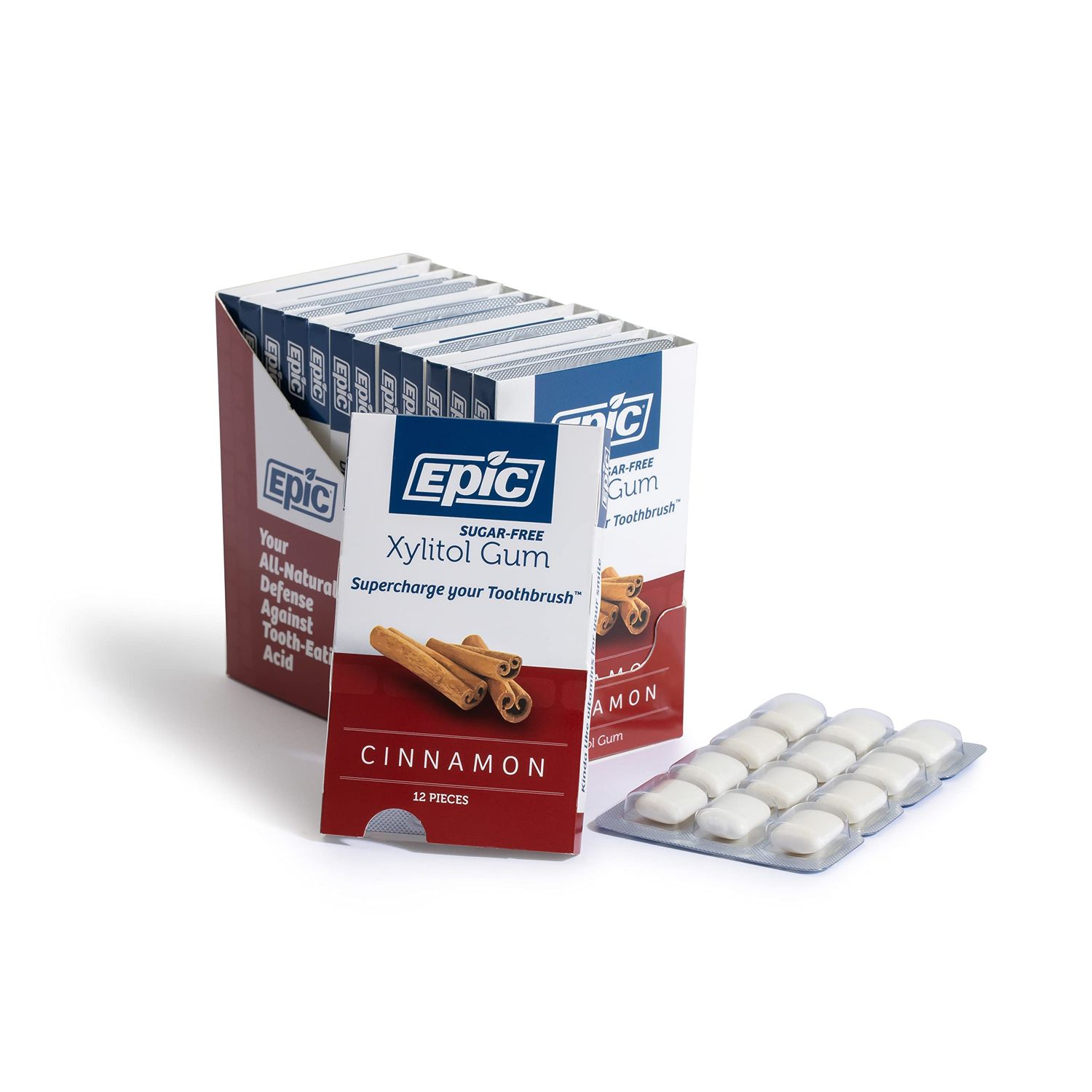 Epic Xylitol Chewing Gum - Sugar Free &amp; Aspartame Free Chewing Gum Sweetened w/Xylitol for Dry Mouth &amp; Gum Health (Cinnamon, 12-Piece Pack, 12 Packs)