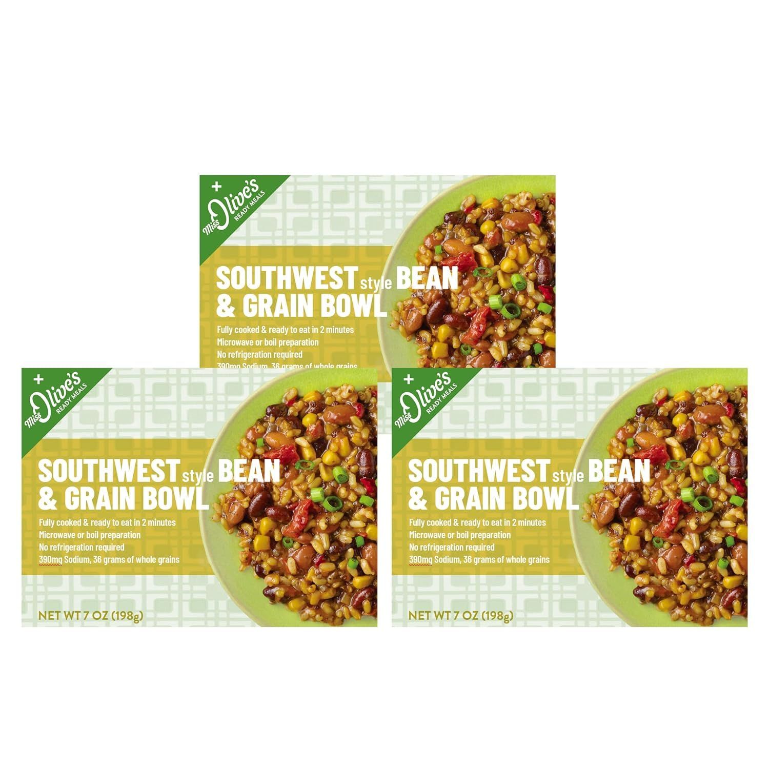 Miss Olives Southwest Style Bean &amp; Grain Bowl Lower Sodium Microwavable Ready Meal, 7 ounce (Pack of 3)