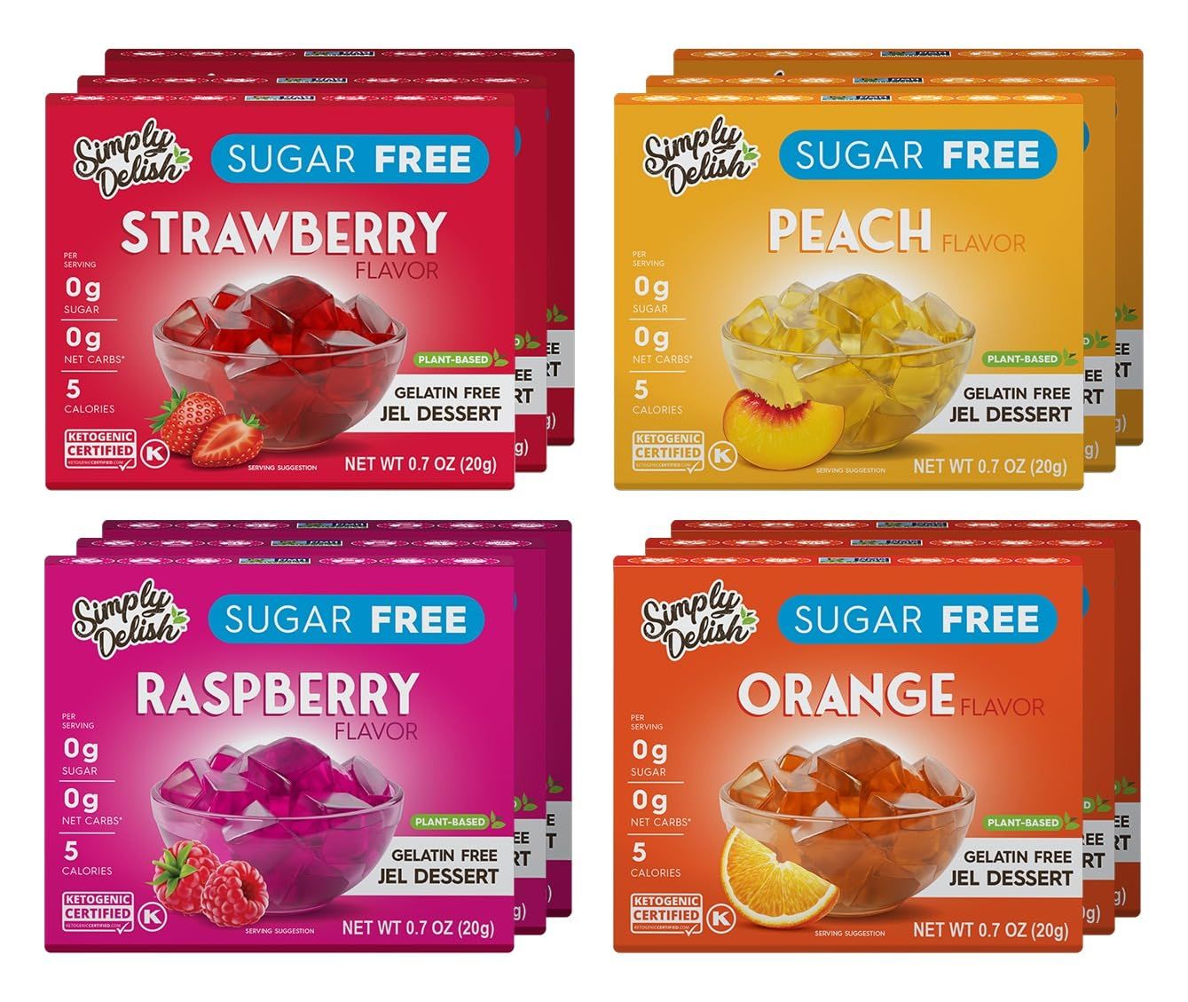 Simply Delish Plant Based Natural Variety Jel Dessert - 12 Pack (3) of Raspberry, Peach, Strawberry, and Orange - Zero Sugar, 0g Net Carbs, Gluten Free, Vegan, Diabetic &amp; Allergen Free