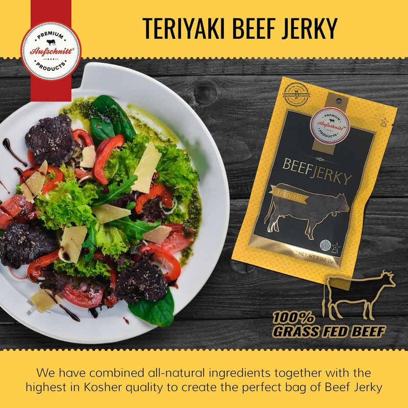 Aufschnitt Grass Fed Beef Jerky - Low Sodium, Certified Kosher - Halal and Keto Friendly - 5 Pack, Teriyaki