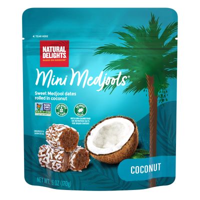 Natural Delights Medjool Dates - Coconut Mini Medjools, Non-GMO Verified, Mini Date Bites, Healthy Date Snack, Good Source of Fiber, Naturally Sweet, On the Go Snack - Coconut Mini Medjools, 6 oz Bag