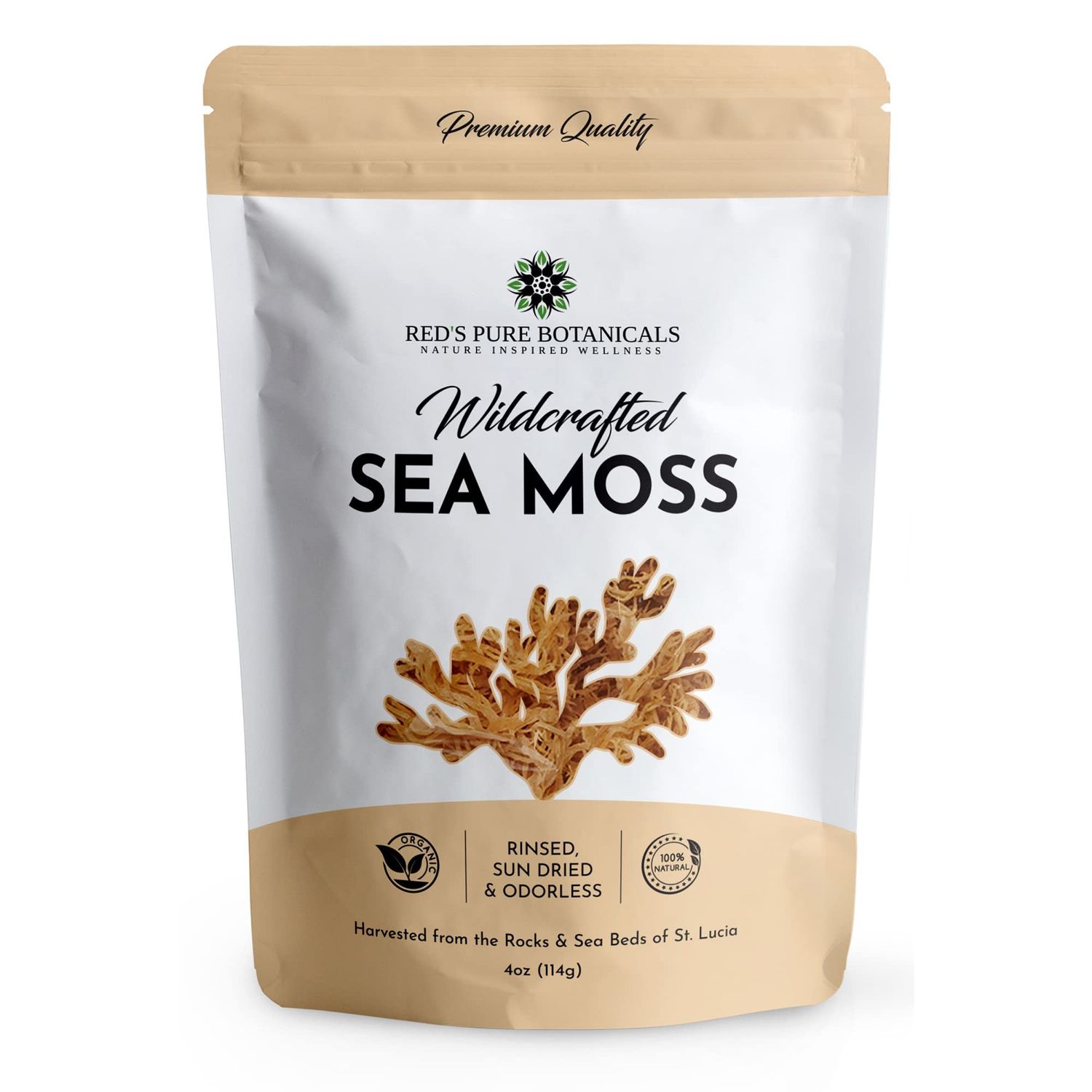 Wildcrafted Sea Moss - Healthy Irish, Raw Sea Moss from Rocks &amp; Sea Beds of St. Lucia - 4oz Dry Makes 60-80oz Seamoss Gel - Hand-Harvested, Vegan and Non-GMO - 114 Gram Pack