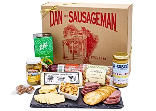 Dan the Sausagemans Party Gift Basket Assortment Fresh Naturally Smoked Summer Sausage, Mustard and Cheese. Fullsize Portions, Gift Messaging.