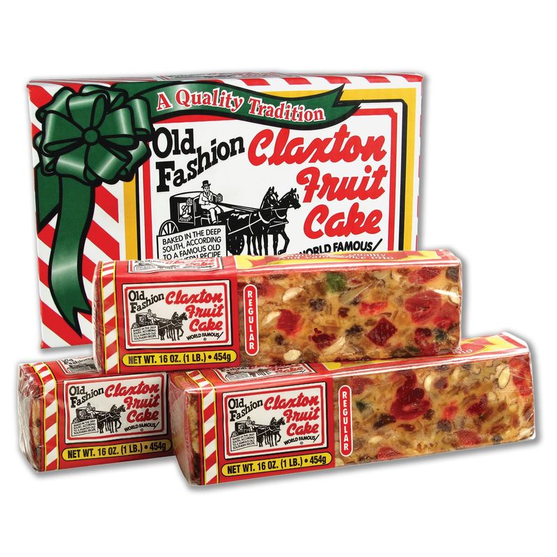 Old Fashion Claxton Fruit Cake 3-1 Lb. Regular Recipe Loaves - Individually Wrapped For Freshness in our Signature Red-White Carton - 3-pack
