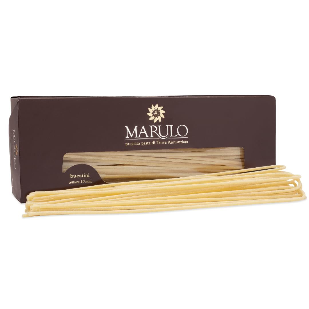 Bucatini Pasta, Bronze Die Cut Artisan Pasta from Italy, 1.1 lbs (500 g), Homemade Italian Pasta, 100% Durum Semolina. Marulo Pasta di Torre Annunziata. Imported Italian Artisan Pasta from Napoli.