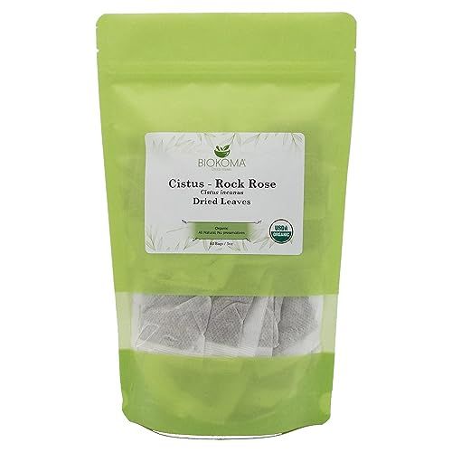 Biokoma Pure and Organic Cistus Rock Rose (Cistus incanus) Dried Leaves 60 Tea Bags Turkish In Resealable Moisture Proof Pouch USDA Certified Organic Herbal Tea No Additives No Preservatives, Kosher