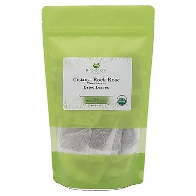 Biokoma Pure and Organic Cistus Rock Rose (Cistus incanus) Dried Leaves 60 Tea Bags Turkish In Resealable Moisture Proof Pouch USDA Certified Organic Herbal Tea No Additives No Preservatives, Kosher