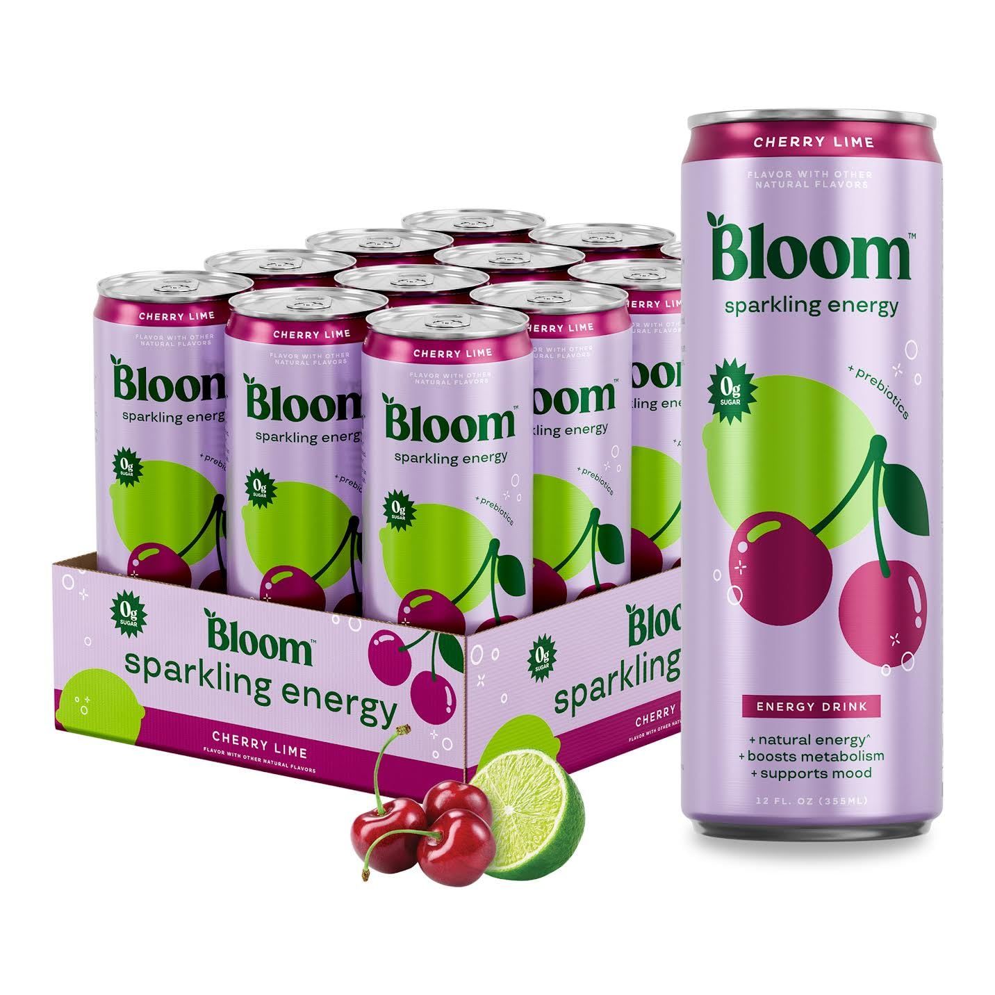 Bloom Sparkling Energy Drink - Natural Caffeine, Zero Sugar, 180mg Caffeine - Antioxidant-Rich w/Green Coffee Bean, Green Tea Extract, Prebiotics - Wellness Beverage for Focus &amp; Metabolism 12oz 12 pk