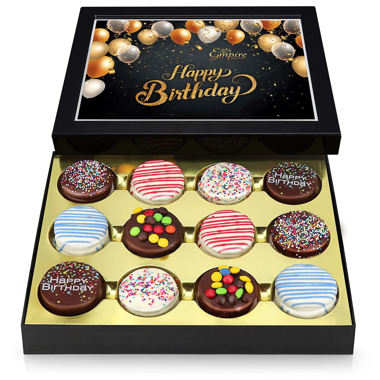 Birthday Cookies Gift Basket for Men and Women - Gourmet Chocolate Cookies, Happy Birthday treats for Food Gifts by Empire Delights, 12 Count Chocolate Gift Box