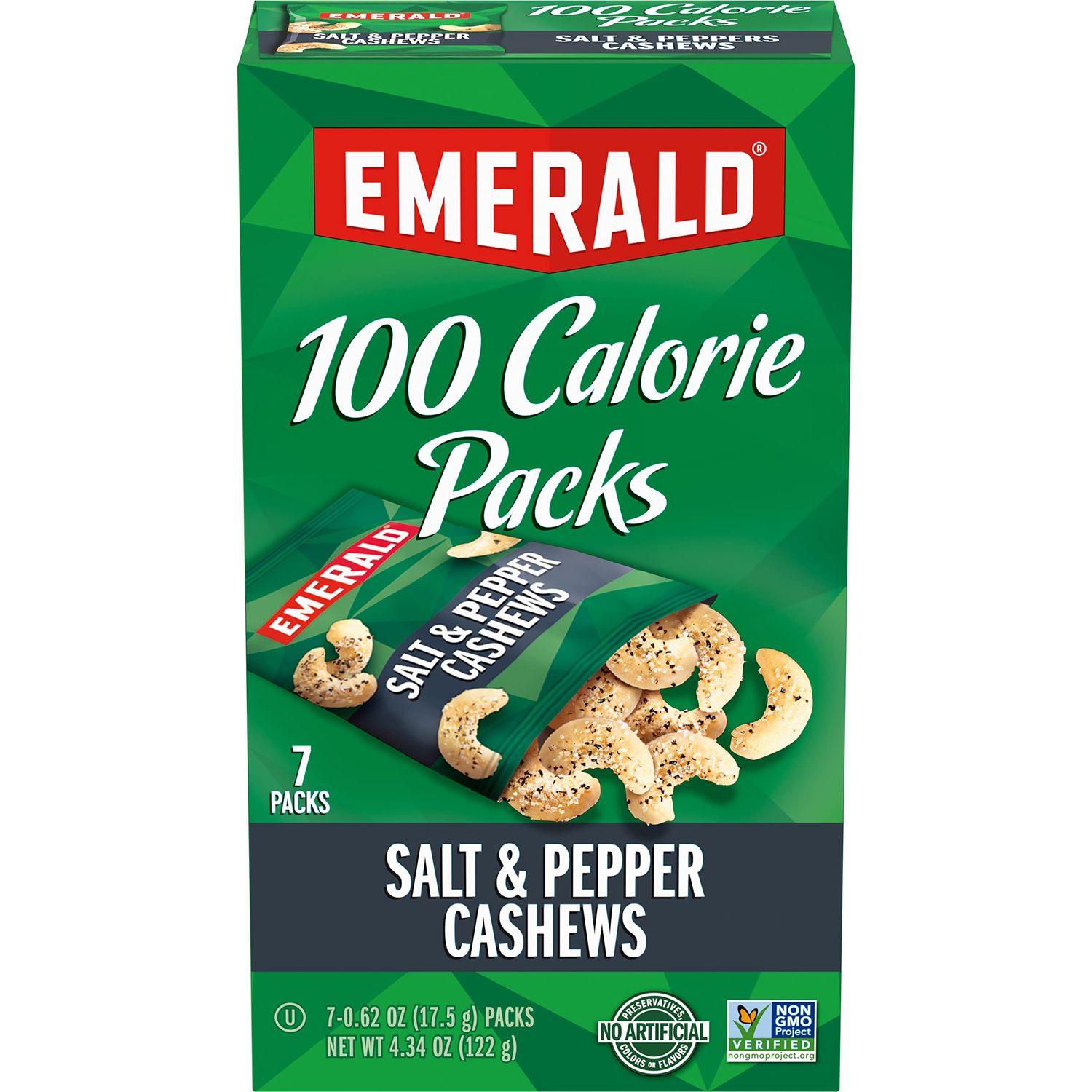 Emerald Nuts Salt and Pepper Seasoned Cashews 7ct (1-Pack), 100-Calorie Individual Packs, Kosher Certified, Non-GMO, Contains No Artificial Preservatives, Flavors or Synthetic Colors