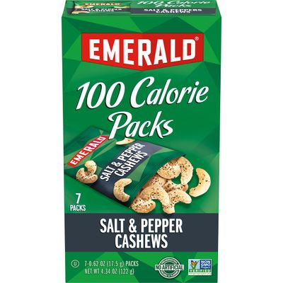 Emerald Nuts Salt and Pepper Seasoned Cashews 7ct (1-Pack), 100-Calorie Individual Packs, Kosher Certified, Non-GMO, Contains No Artificial Preservatives, Flavors or Synthetic Colors