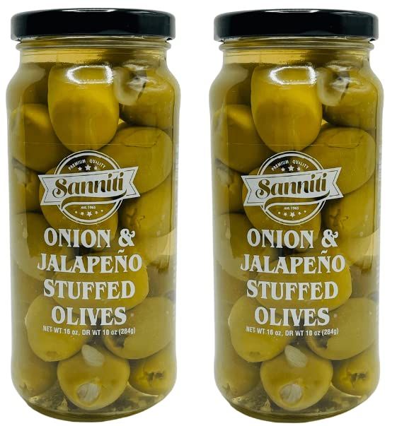 Sanniti Onion and Jalapeno Double Stuffed Greek Olives, Net Weight 16 oz - Drained Weight 10 oz (Pack of 2)
