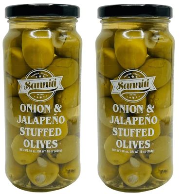 Sanniti Onion and Jalapeno Double Stuffed Greek Olives, Net Weight 16 oz - Drained Weight 10 oz (Pack of 2)