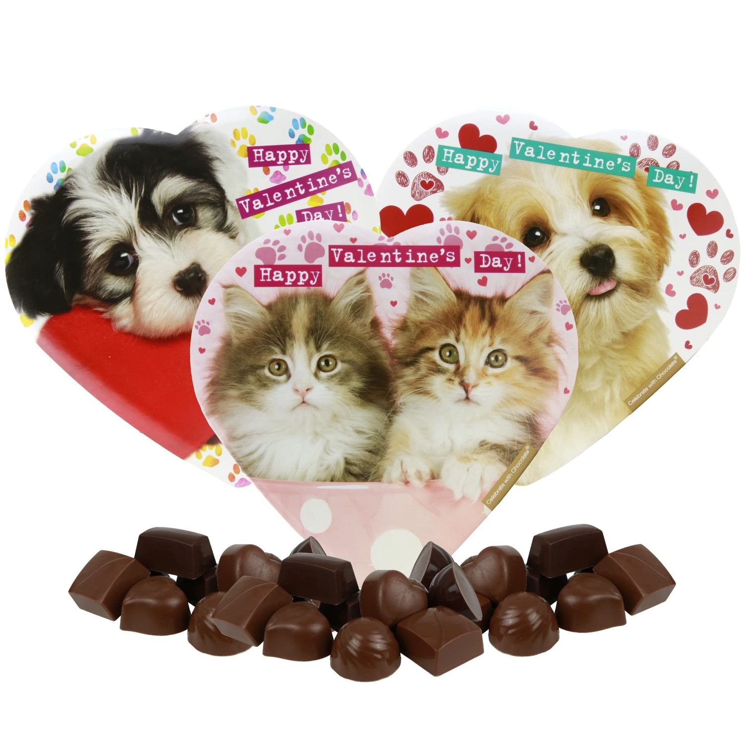 Valentines Heart Shaped Gift Boxes with Dogs &amp; Cats Bundle, 3 Mini Box with Assorted Chocolate Treats, Present for Loved Ones, 3 Pack, 2 Ounces