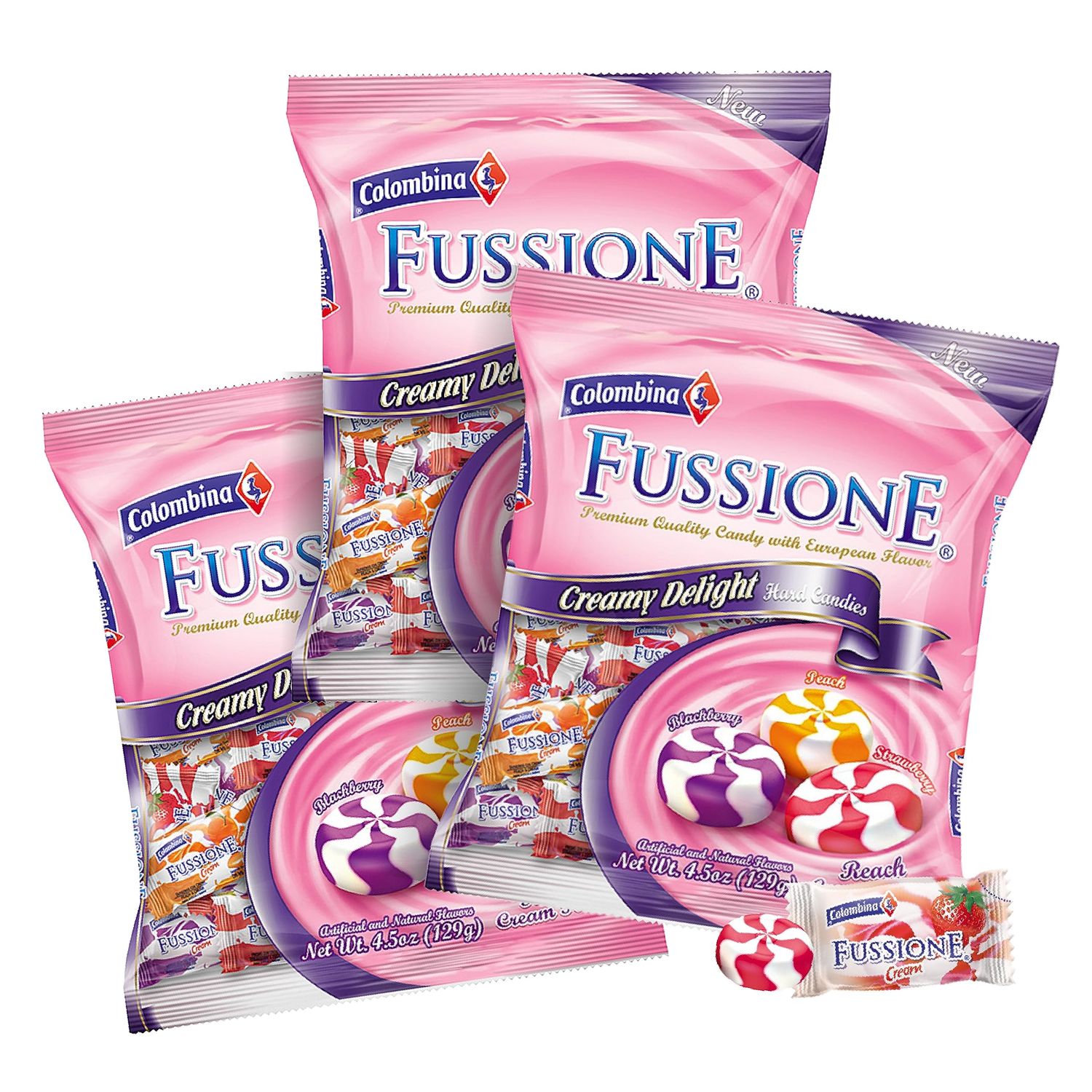 Colombina Fussione Creamy Delight Hard Candies, Strawberry, Blackberry, and Peach Flavored, Individually Wrapped, 4.5oz (Pack of 3)