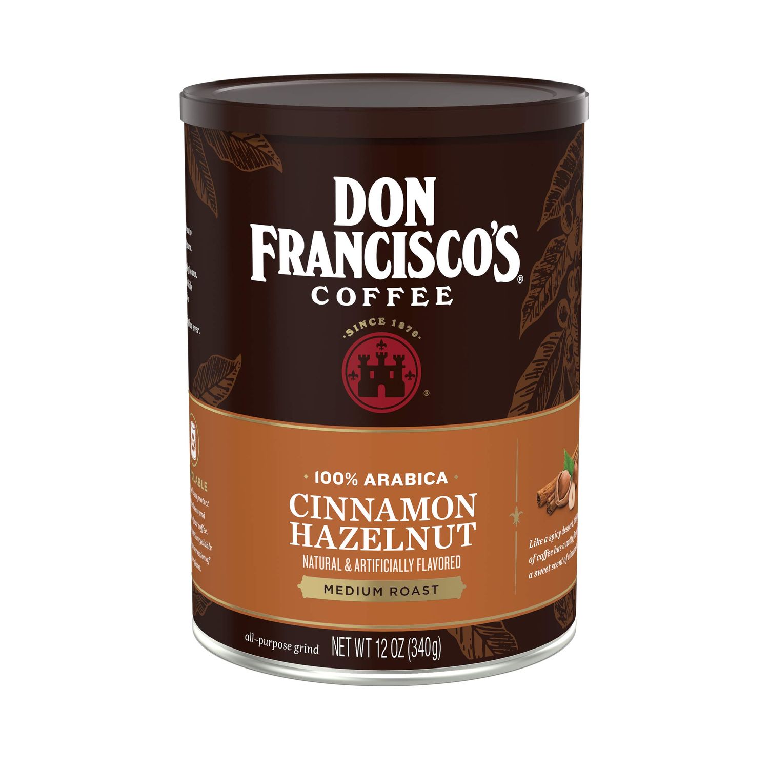 Don Francisco's Premium Cinnamon Hazelnut Ground Coffee: Rich, Aromatic 100% Arabica Beans - Family Crafted Flavored Coffee for a Delightful Morning Brew (12 oz Can)