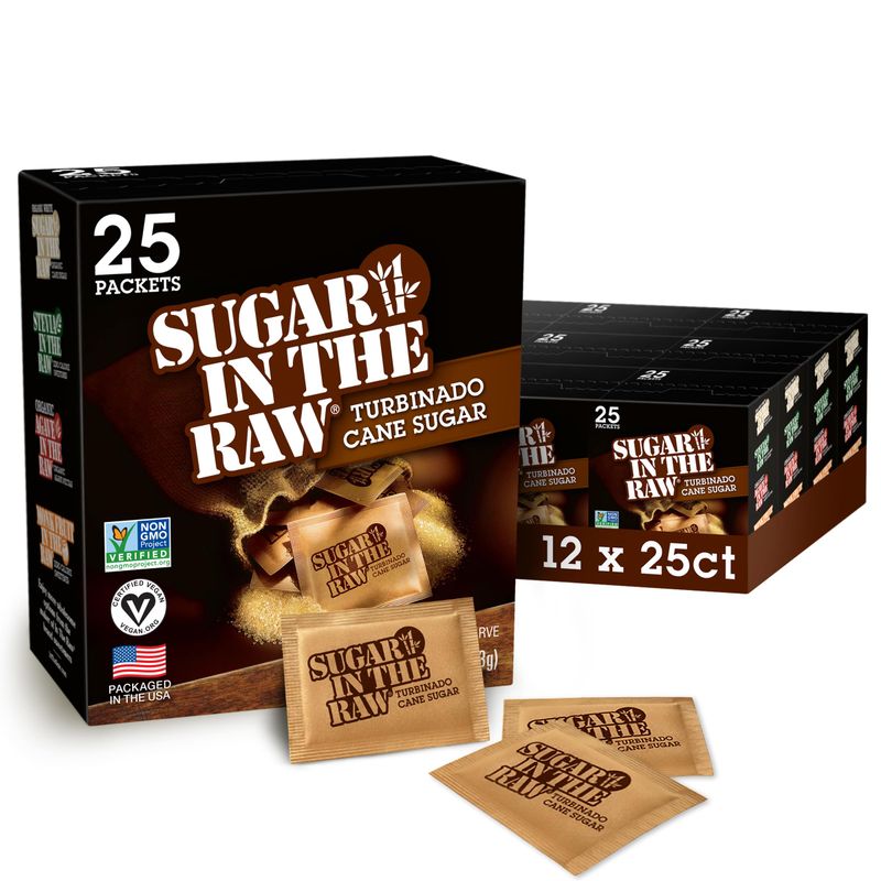 Sugar In The Raw Turbinado Cane Sugar Packets, 25 Ct Box, 12 Pack, Pure, All-Natural Turbinado Sugar, Non-GMO Project Verified, Kosher, Vegan and Gluten Free
