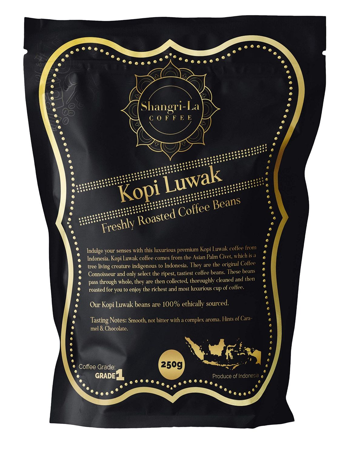 Shangri-La Coffee - Wild Kopi Luwak Coffee Whole Beans - Ethically Sourced - 250 Grams (8.8oz) (Other Weights &amp; Bean Types Available) - Produce of Indonesia