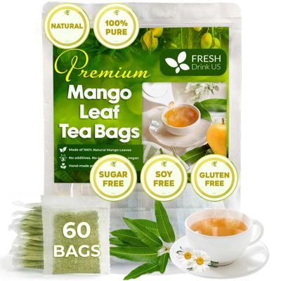 FreshDrinkUS, Premium 60 Mango Leaf Tea Bags, 100% Natural&amp; Pure from Mango Leaves. Loose Leaf Mango Herbal Tea. Mango Leaf Tea. No Sugar, No Caffeine, No Gluten, Vegan.