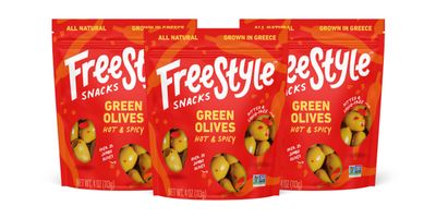 Freestyle Snacks Olive Snack Packs - Fresh Pitted Green Olives, Jumbo-Sized, Grown in Greece, All Natural, Non-GMO, Paleo, Sugar-Free, Keto Snacks, Salty Snack - Hot &amp; Spicy, 4oz (3 Pack)