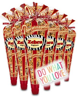 Popcornopolis Gourmet Popcorn - 6 Zebra Corn Mini Cones - Small Storage Space Friendly & Great Stocking Stuffers! 16.2oz total and Exclusive Inspirational Sticker!