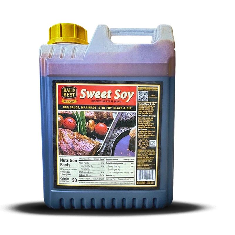 Balis Best Savory Sweet Soy Sauce - Versatile Marinade, Dip, Stir Fry, BBQ and Glaze - Authentic Black Dark Soy - Vegan - Convenient Plastic 1 Galon Jug Packaging for Culinary Excellence