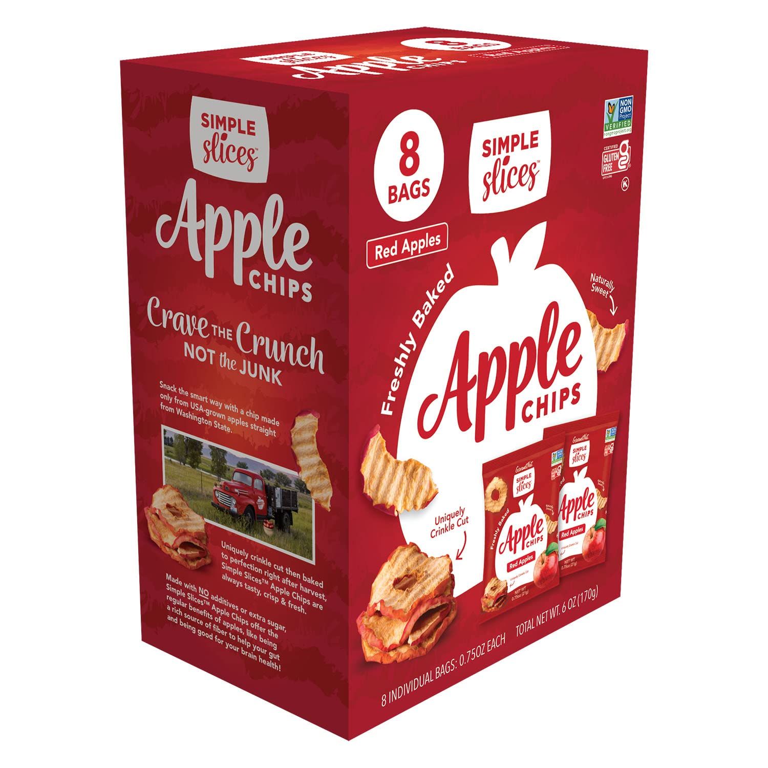 Gourmet Nut Simple Slices Baked Apple Chips, USA Grown Sliced Dried Apples, Healthy Vegan Snack For Adults &amp; Kids, Naturally Sweet, No Added Sugar, Red Apples.75oz Individual Bags (8 Pack Box)