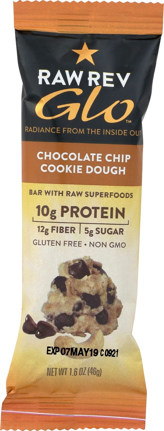 Raw Rev Glo Vegan Protein Bars, Chocolate Chip Cookie Dough, 1.6 Oz (Pack of 12)
