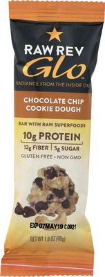 Raw Rev Glo Vegan Protein Bars, Chocolate Chip Cookie Dough, 1.6 Oz (Pack of 12)