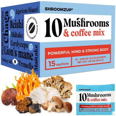 Shroomzup Mushroom Coffee Instant with 10 Mushrooms - 15 Single Packets with Reishi, Lion&#39;s Mane, Chaga, Turkey Tail, Cordyceps Mushrooms - Nootropic Mushroom Coffee for Energy Vegan Shroom Coffee