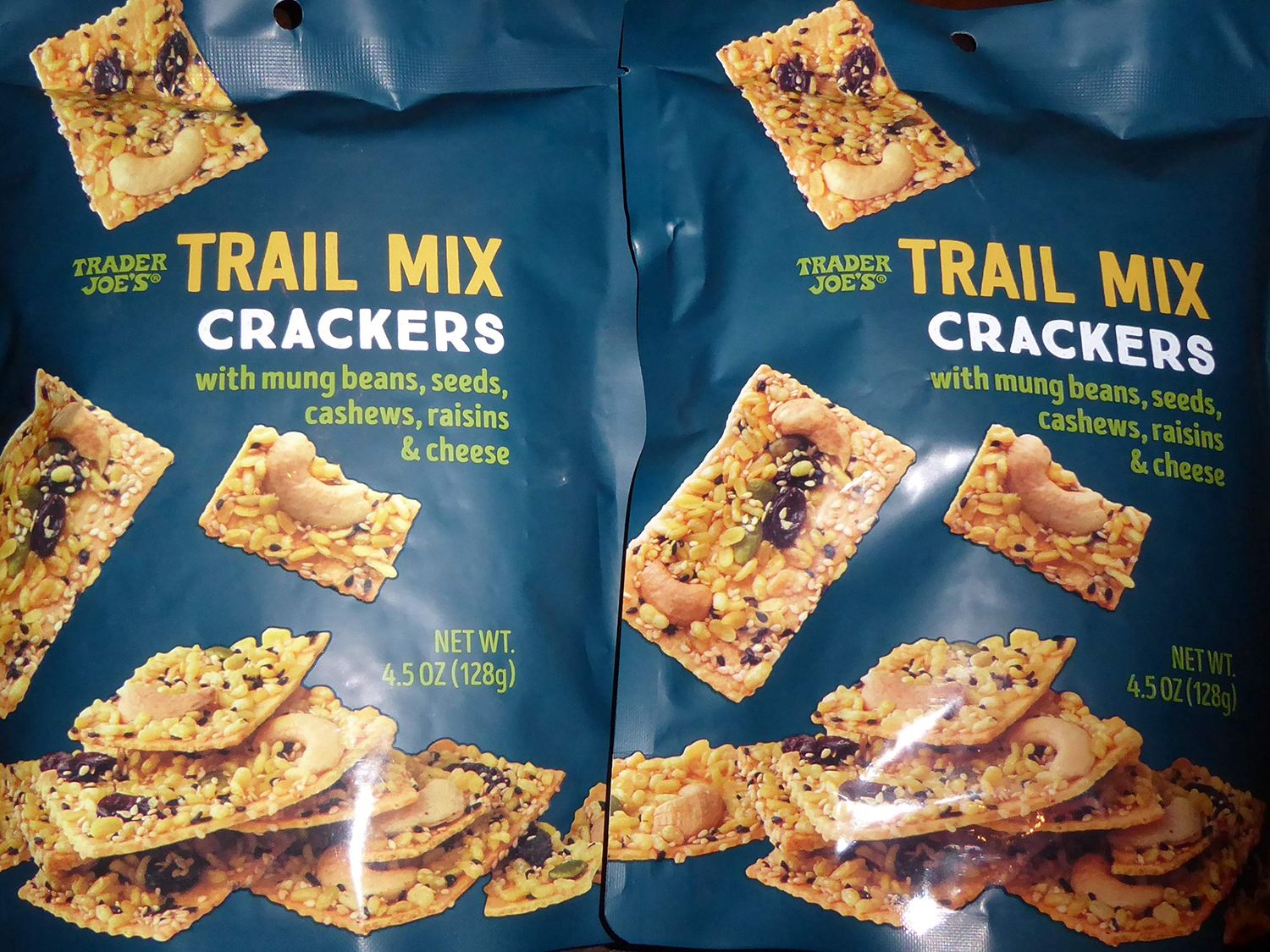 Trader Joe&#39;s Trail Mix Crackers with Mung Beans, Seeds, Cashews, Raisins &amp; Cheese - Great Snack - Perfect Texture! (2 Pack) 4.5oz Each