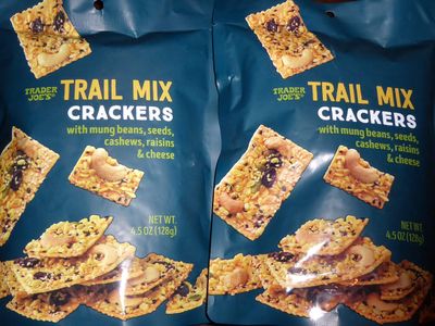 Trader Joe&#39;s Trail Mix Crackers with Mung Beans, Seeds, Cashews, Raisins &amp; Cheese - Great Snack - Perfect Texture! (2 Pack) 4.5oz Each