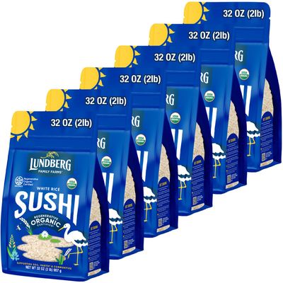 Lundberg California Sushi Rice, Regenerative Organic Certified, 6-Pack - White Short Grain Rice, Sticky Rice, Responsibly Grown in California, 32 Oz Ea
