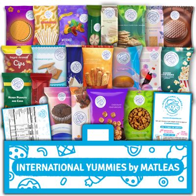 Maxi International Snack Box | Premium Exotic Foreign Snacks | Unique Snack Food Gifts Included | Blue Cosmic Space Theme | Candies from Around the World | 20 Full-Size + 1 Bonus Snacks