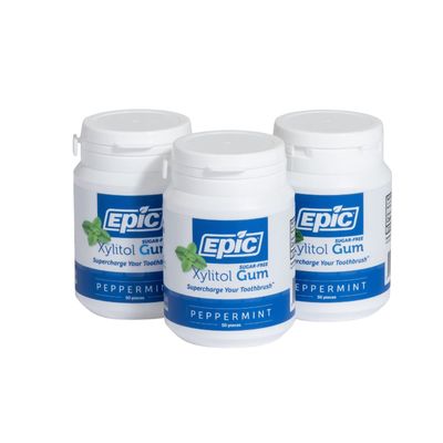 Epic Xylitol Chewing Gum - Sugar Free &amp; Aspartame Free Chewing Gum Sweetened w/Xylitol for Dry Mouth &amp; Gum Health (Peppermint, 50-Piece Bottle, 3 Bottles)