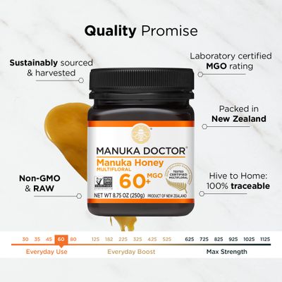 MANUKA DOCTOR - MGO 60+ Manuka Honey Multifloral, 100% Pure New Zealand Honey. Certified. Guaranteed. RAW. Non-GMO (8.75oz)