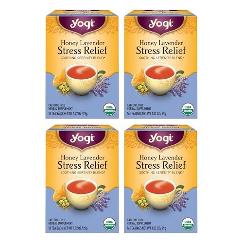 Yogi Tea Honey Lavender Stress Relief Tea - 16 Tea Bags per Pack (4 Packs) - Organic Chamomile Lavender Tea - Includes Lemon Balm, Lemongrass, Spearmint Leaf, Peppermint Leaf, Honey Flavor &amp; More